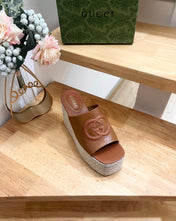 HIGH 10CM WEDGE SANDALS IN RUSSET BROWN SHEEPSKIN