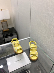 VELCRO SANDALS IN LIGHT YELLOW LAMBSKIN AND TWEED FABRIC