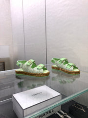 VELCRO SANDALS IN GREEN PASTEL LAMBSKIN AND TWEED FABRIC