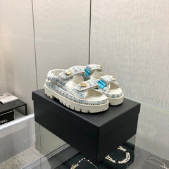 DAD SANDAL IN WHITE MIX LIGHT BLUE TWEED FABRIC