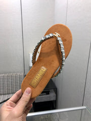 THONG SLIDE IN BRONZE BROWN SUEDE WITH WHITE CRYSTALS