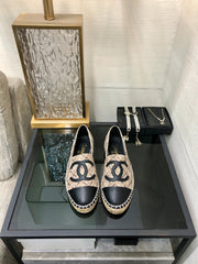 ESPADRILLE CAMEL BEIGE TWEED FABRIC AND BLACK CALFSKIN FLATS