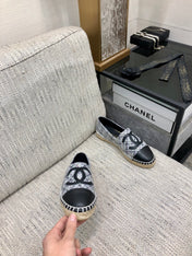 ESPADRILLE COLORFUL TWEED FABRIC AND BLACK CALFSKIN FLATS