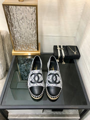 ESPADRILLE COLORFUL TWEED FABRIC AND BLACK CALFSKIN FLATS