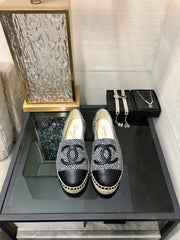 ESPADRILLE BLACK MIX WHITE TWEED FABRIC AND CALFSKIN FLATS 185046