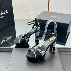 HIGH HEELS SANDAL 90 MM IN BLACK CALFSKIN AND STONE