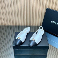 CHANEL 25S SLINGBACK FLATS IN WHITE CALFSKIN GOLD HARDWRE