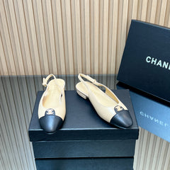 CHANEL 25S SLINGBACK FLATS IN BEIGE CALFSKIN GOLD HARDWRE