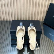 CHANEL 25S SLINGBACK SHOE LOGO 65MM IN BEIGE CALFSKIN GOLD HARDWARE