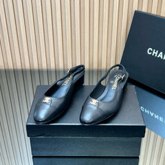 CHANEL 25S SLINGBACK SHOE 45MM IN BLACK CALFSKIN GOLD HARDWRE