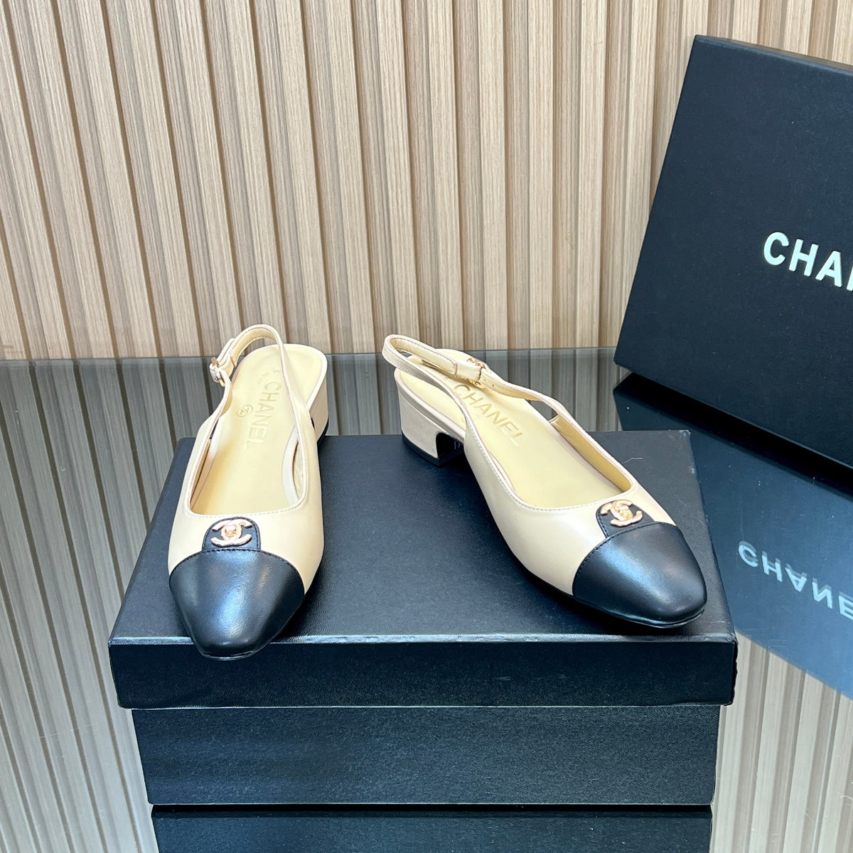 CHANEL 25S SLINGBACK SHOE 45MM IN BEIGE CALFSKIN GOLD HARDWRE