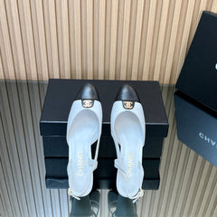 CHANEL 25S SLINGBACK SHOE LOGO 65MM IN WHITE CALFSKIN GOLD HARDWRE