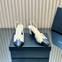 CHANEL 25S SLINGBACK SHOE LOGO 65MM IN BEIGE CALFSKIN GOLD HARDWRE