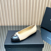 CHANEL 25S BALLET FLATS IN BEIGE AND BLACK LAMBSKIN GOLD HARDWARE