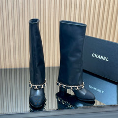 CHANEL 25S KNEE-HIGH HEELED BOOTS 65MM IN BLACK CALFSKIN GOLD HARDWRE