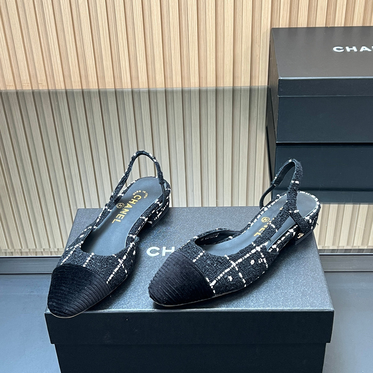 CHANEL 25S SLINGBACK FLATS SHOES IN BLACK TWEED