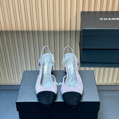 CHANEL 25S SLINGBACK SHOES IN LIGHT PURPLE AND BLACK SUEDE