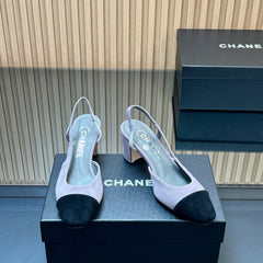 CHANEL 25S SLINGBACK SHOES IN LIGHT PURPLE AND BLACK SUEDE