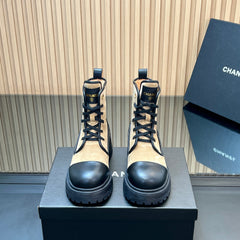 CHANEL 25S LACE-UP ANKLE BOOTS IN BROWN BLACK SUEDE AND CALFSKIN