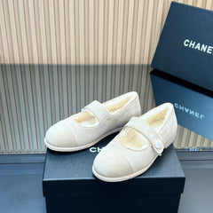 CHANEL 25S FURRY MARY JANE SHOES IN IVORY SUEDE