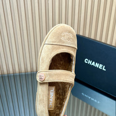 CHANEL 25S FURRY MARY JANE SHOES IN LIGHT BROWN SUEDE