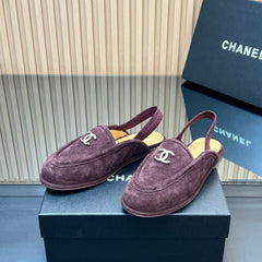 CHANEL 25S BACK STRAP MULE 15MM IN DARK PURPLE SUEDE SILVER HARDWRE