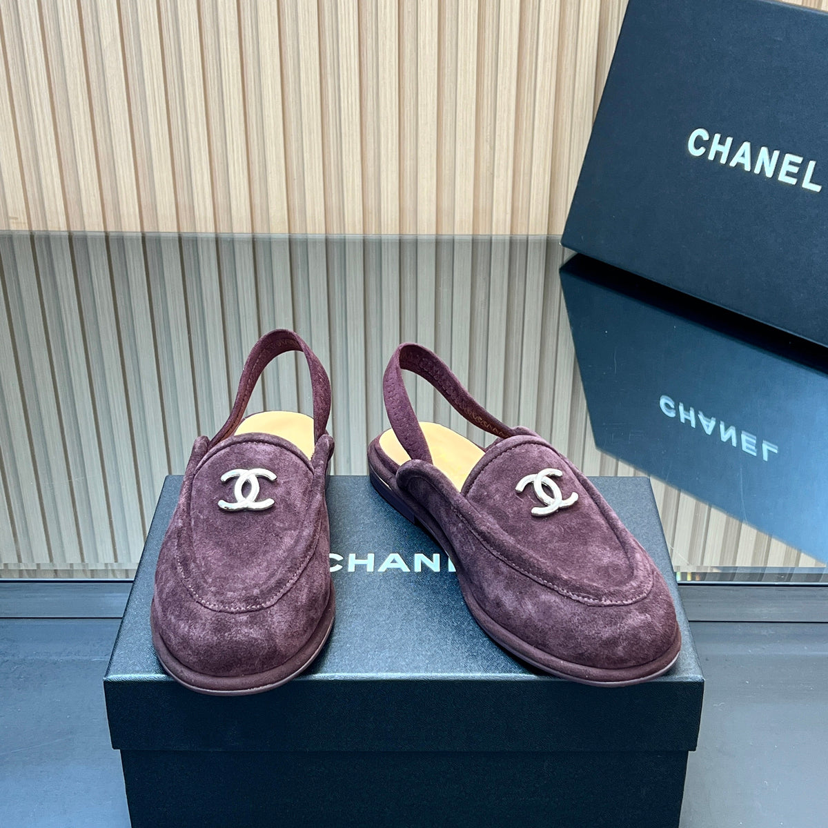 CHANEL 25S BACK STRAP MULE 15MM IN DARK PURPLE SUEDE SILVER HARDWRE
