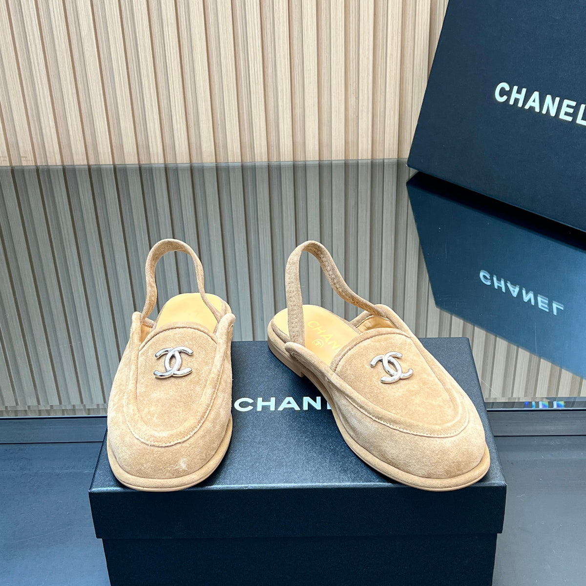 CHANEL 25S BACK STRAP MULE 15MM IN LIGHT BROWN SUEDE SILVER HARDWRE