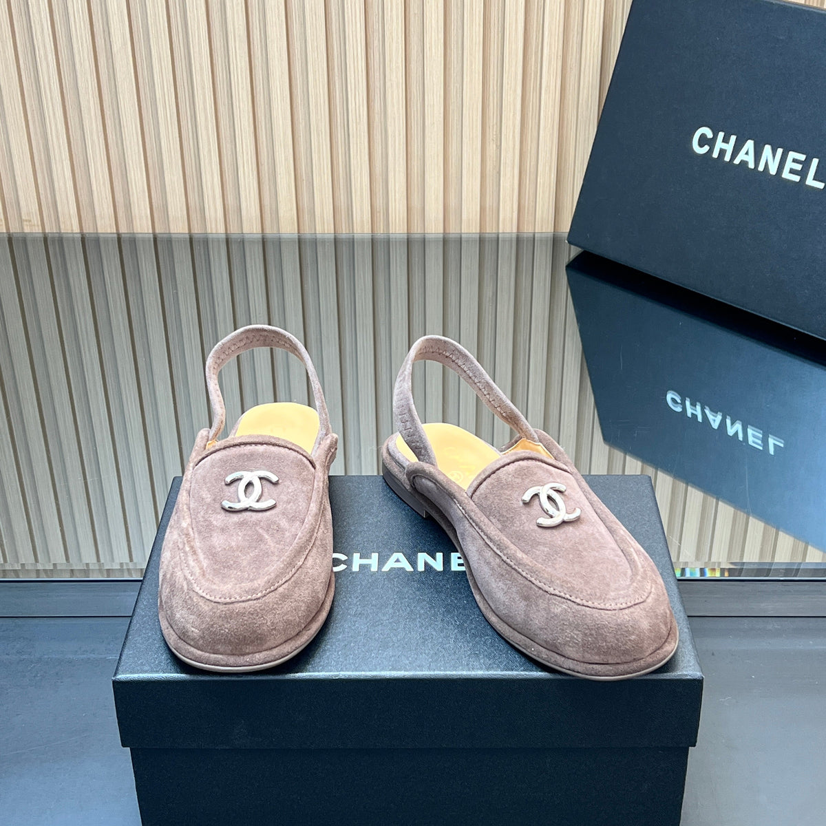 CHANEL 25S BACK STRAP MULE 15MM IN TAUPE GRAY SUEDE SILVER HARDWRE