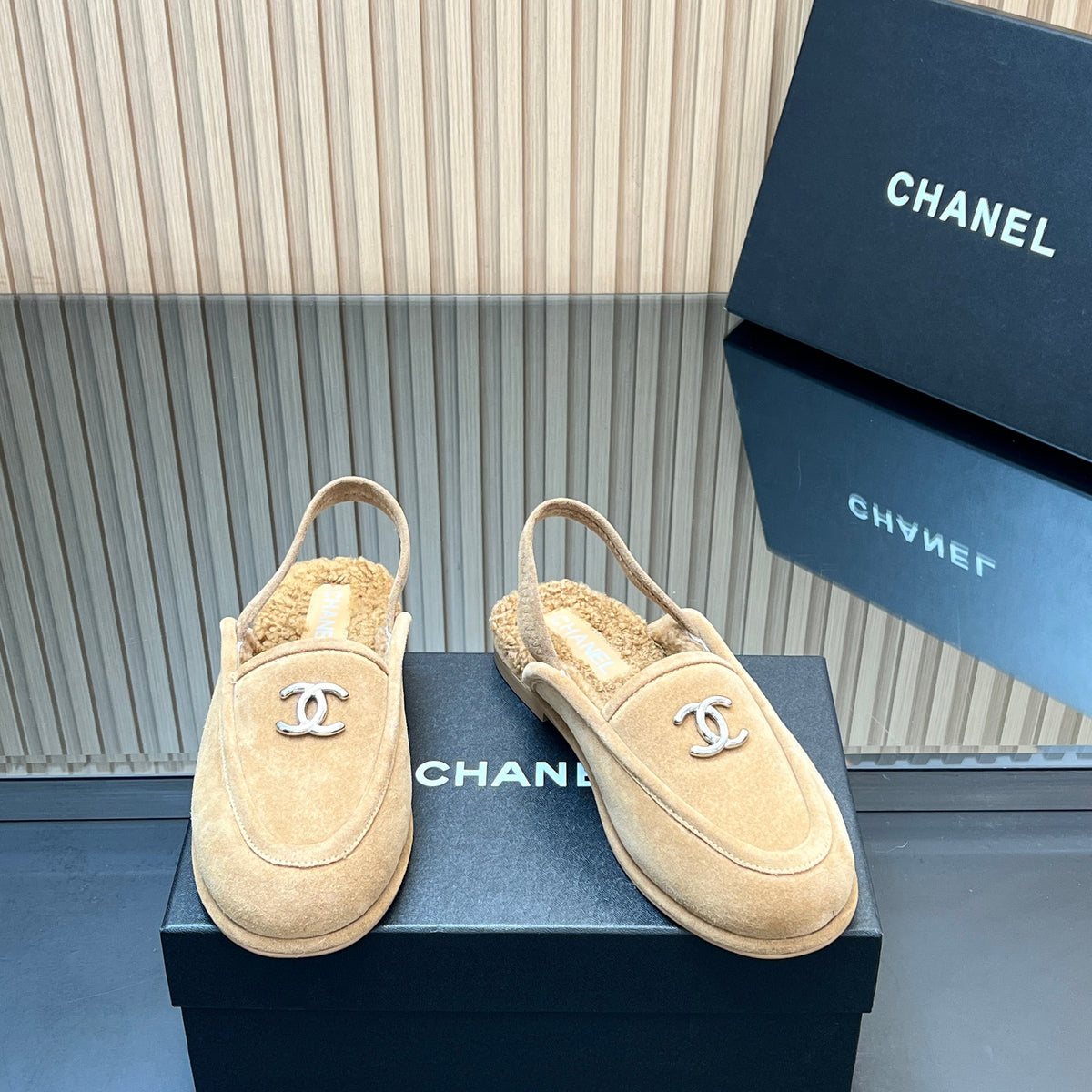 CHANEL 25S BACK STRAP MULE 15MM IN LIGHT BROWN SUEDE AND WOOL SILVER HARDWRE