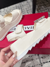 ROGER VIVIER 25S SLIDY VIV' WEDGE SANDALS 70 MM IN IVORY CALFSKIN EMBELLISHED CRYSTALS