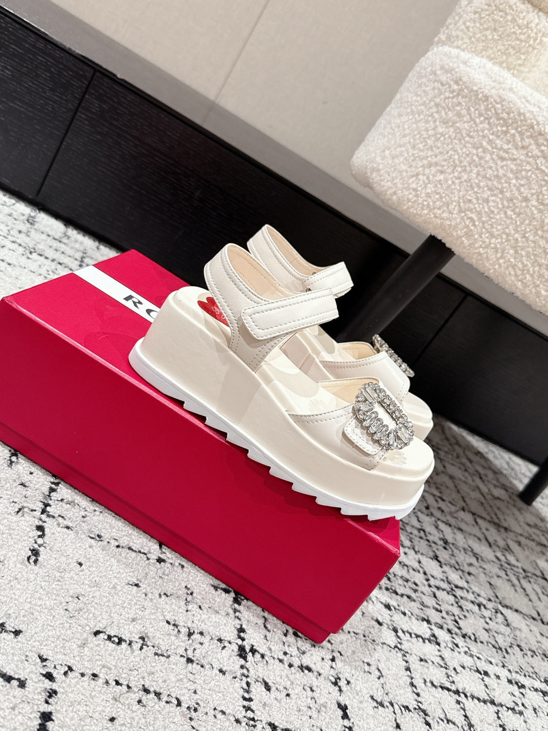 ROGER VIVIER 25S SLIDY VIV' WEDGE SANDALS 70 MM IN IVORY CALFSKIN EMBELLISHED CRYSTALS