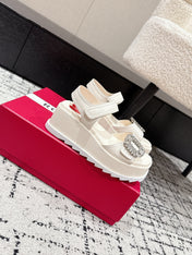 ROGER VIVIER 25S SLIDY VIV' WEDGE SANDALS 70 MM IN IVORY CALFSKIN EMBELLISHED CRYSTALS