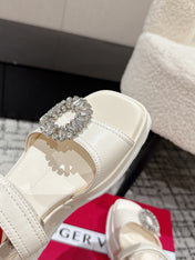 ROGER VIVIER 25S SLIDY VIV' WEDGE SANDALS 70 MM IN IVORY CALFSKIN EMBELLISHED CRYSTALS