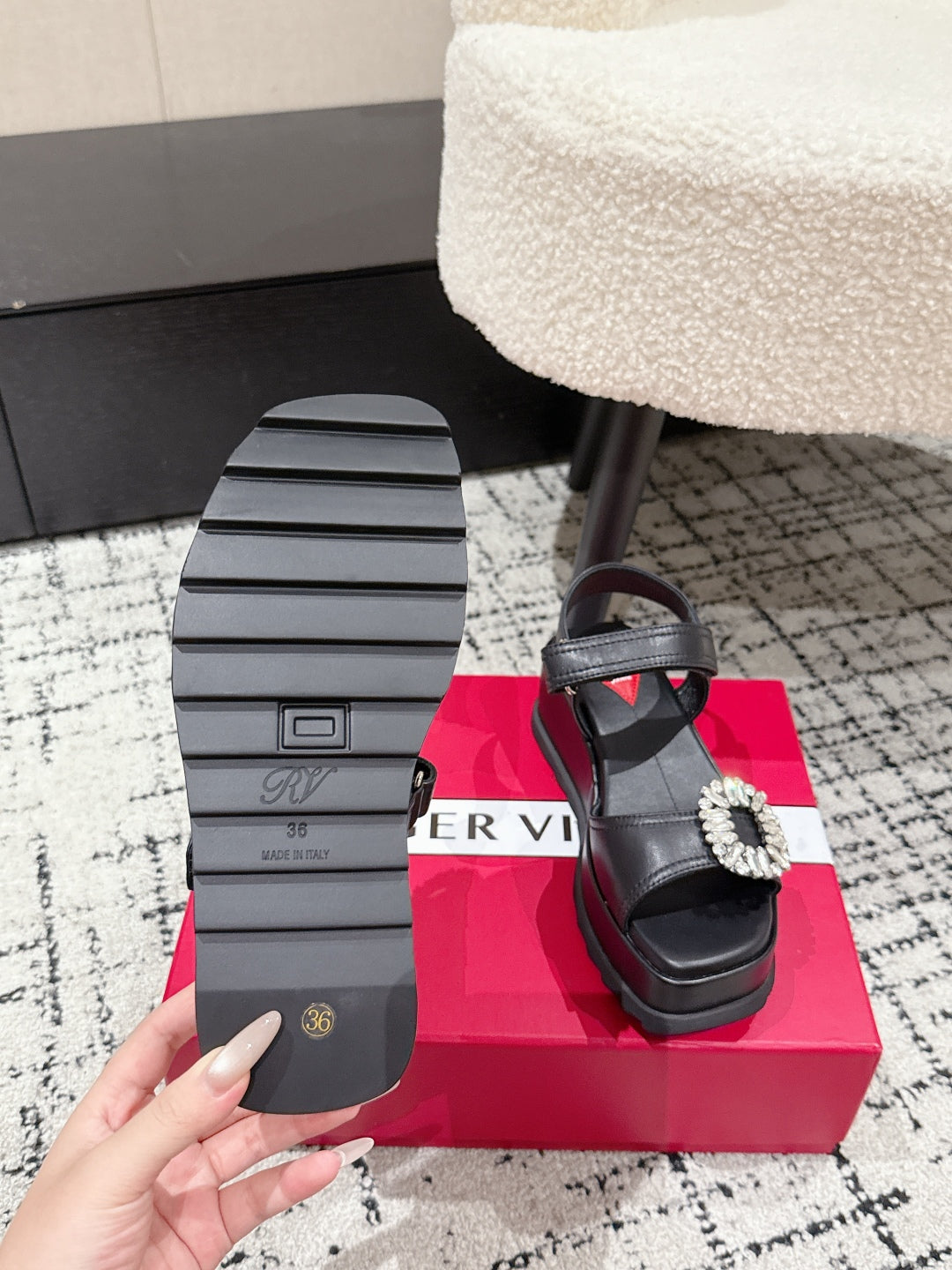 ROGER VIVIER 25S SLIDY VIV' WEDGE SANDALS 70 MM IN BLACK CALFSKIN EMBELLISHED CRYSTALS