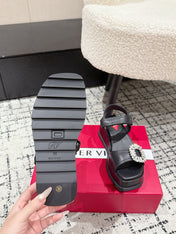 ROGER VIVIER 25S SLIDY VIV' WEDGE SANDALS 70 MM IN BLACK CALFSKIN EMBELLISHED CRYSTALS