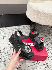 ROGER VIVIER 25S SLIDY VIV' WEDGE SANDALS 70 MM IN BLACK CALFSKIN EMBELLISHED CRYSTALS