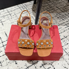 VLTN STUDDED BLOCK HEEL SANDALS 25S 60 MM IN BROWN SUEDE