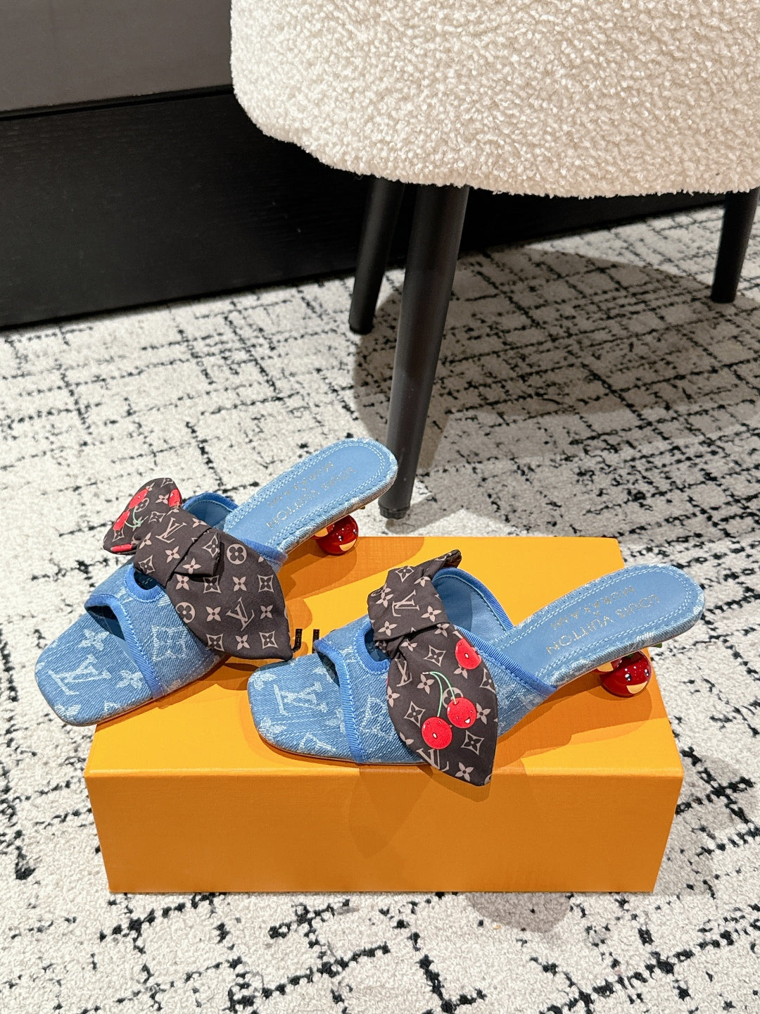LV CHERRY HIGH HEELS 25S IN BLUE DENIM WITH BOW STYLE 8