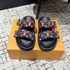 LV TWO-STRAP SLIDES 25S IN BLACK FABRIC AND CALFSKIN