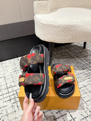 LV TWO-STRAP SLIDES 25S IN BROWN FABRIC AND BLACK CALFSKIN