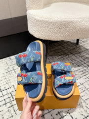 LV MIAMI DOUBLE-STRAP SANDALS 25S IN BLUE DENIM AND CALFSKIN