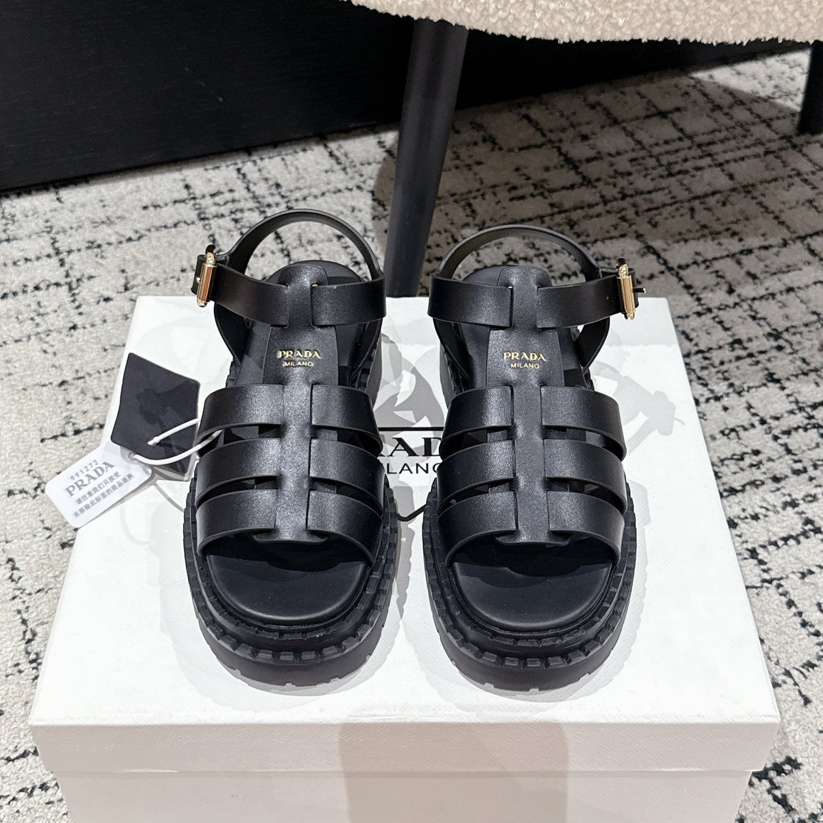 PRADA 25S FISHERMAN OPEN TOE SANDALS IN BLACK CALFSKIN