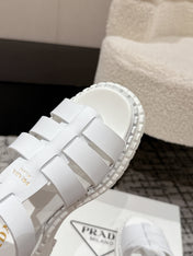 PRADA 25S FISHERMAN OPEN TOE SANDALS IN WHITE CALFSKIN