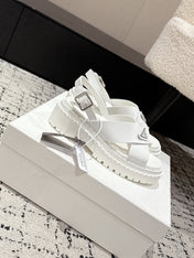 PRADA 25S CRISSCROSS SANDALS IN WHITE CALFSKIN LOGO
