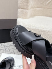 PRADA 25S CRISSCROSS SANDALS IN BLACK CALFSKIN LOGO