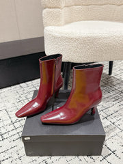 YSL 25S HEELED ANKLE BOOTS 70 MM IN WINE RED SHINY LAMBSKIN