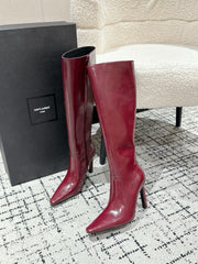 YSL 25S PLATFORM KNEE-HIGH BOOTS 70 MM IN WINE RED LAMBSKIN