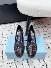PRADA 26S BOWLING-STYLE HIGH HEELS 70MM IN DARK BROWN GLOSSY CALFSKIN