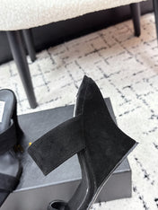 ALAIA 26S DOUBLE STRAP WEDGE SANDALS 70 MM IN BLACK SUEDE